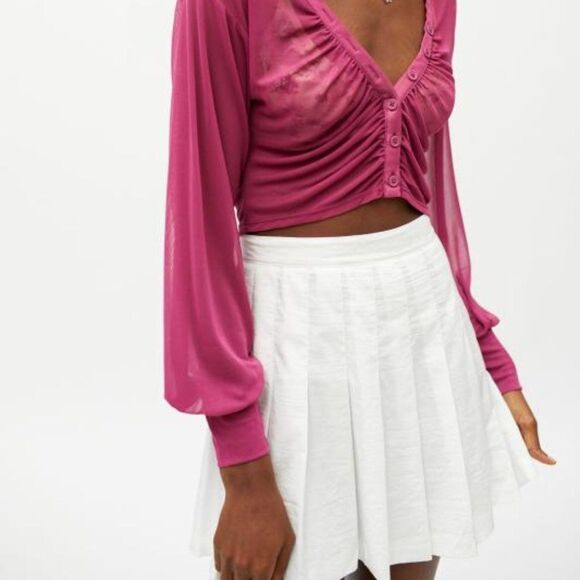 Urban Outfitters Women's UO Cara Mesh Ruched Blouse Purple - Picture 2 of 8